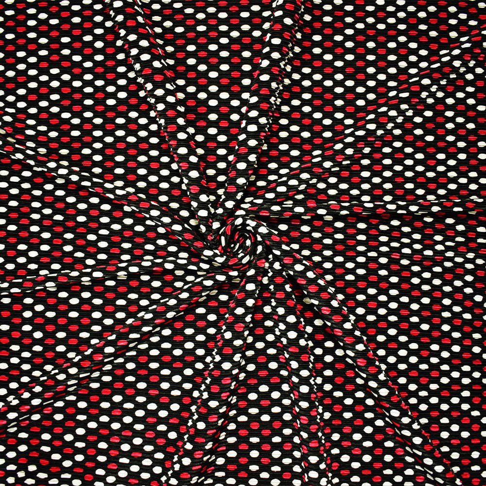 Black-Multi Poly Stretch Spandex Dot Print Pleated Interlock Knit Fabr ...