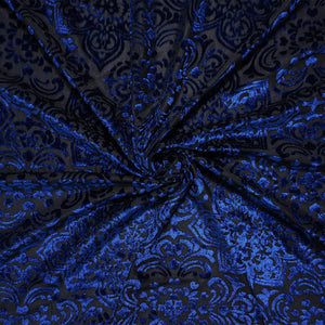 Black-Blue Designer Poly Nylon Burnout Floral Velvet Knit Fabric