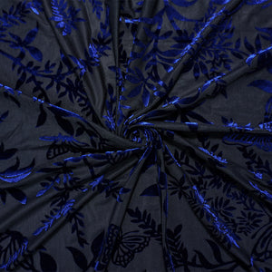 Black-Blue Designer Poly Nylon Leaves Burnout Velvet Knit Fabric