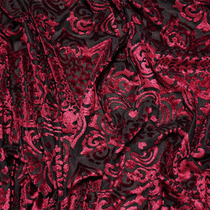 Black-Red Designer Poly-Nylon Floral Burnout Velvet Knit Fabric