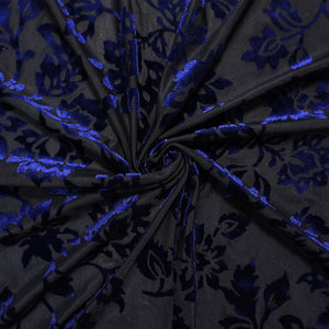 Black-Blue Designer Poly-Nylon Baroque Burnout Velvet Knit Fabric