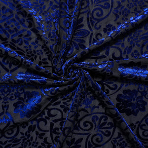 Black-Blue Designer Poly Nylon Floral Burnout Velvet Knit Fabric